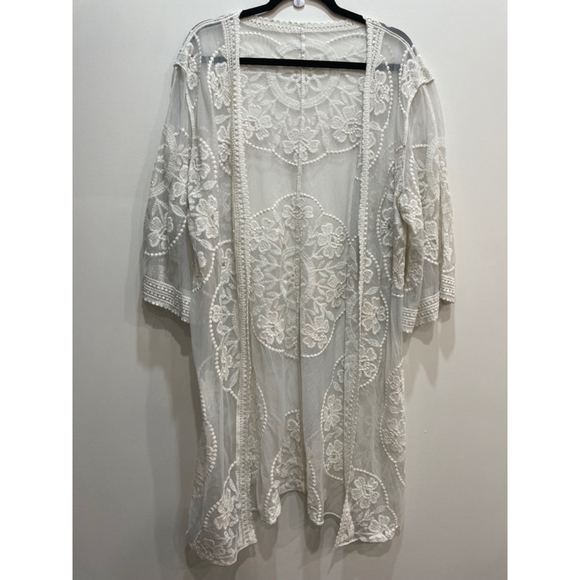 Other - Sheer Floral Embroidered Lace Ivory White Long Kimono Cover up Cottagecore Fairy